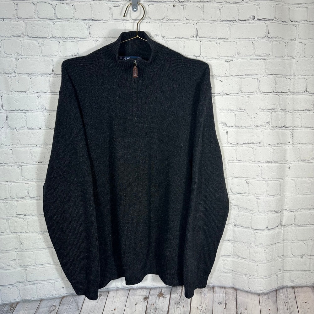 VTG Polo Ralph Lauren Mens XXL Charcoal Grey 100% Lambswool Quarter Zip Sweater